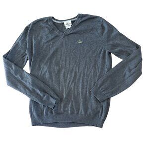 Lacoste Sweater Men Gray V Neck Size 4 Med Cotton Long Sleeve Lightweight Preppy